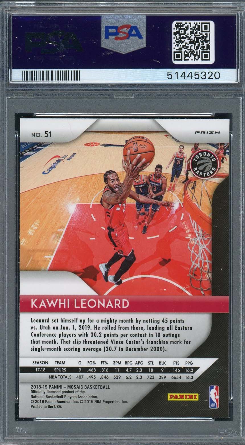 Kawhi Leonard 2018 Panini Prizm Mosaic Green Basketball Card #51 PSA 10-Powers Sports Memorabilia