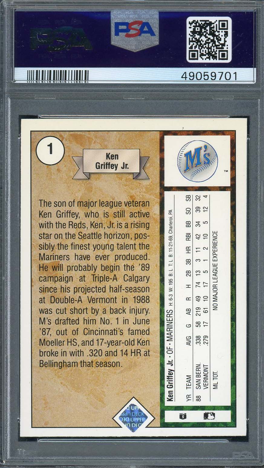 Ken Griffey Jr 1989 Upper Deck Baseball Star Rookie Card RC #1 Graded PSA 6-Powers Sports Memorabilia