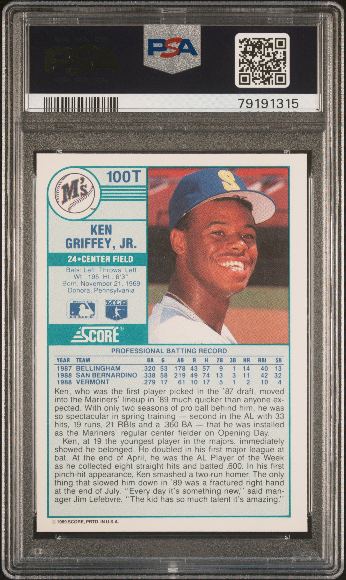 Ken Griffey Jr 1989 Score Traded Baseball Rookie Card #100T Graded PSA 10-Powers Sports Memorabilia