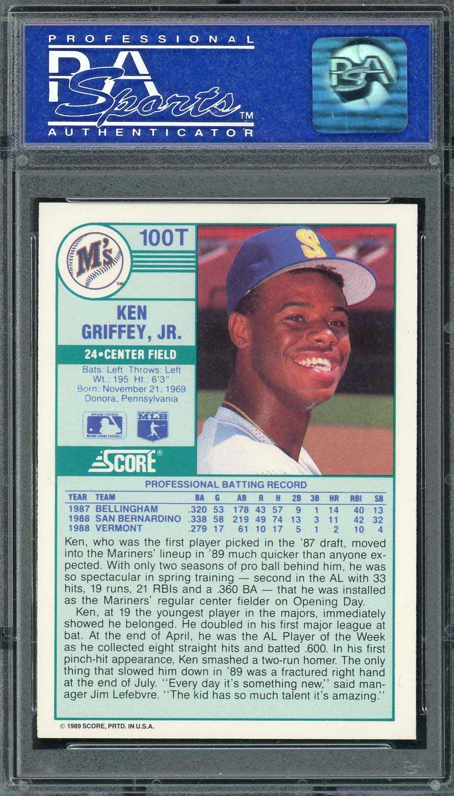 Ken Griffey Jr 1989 Topps Traded Baseball Rookie Card RC #100T Graded PSA 9-Powers Sports Memorabilia
