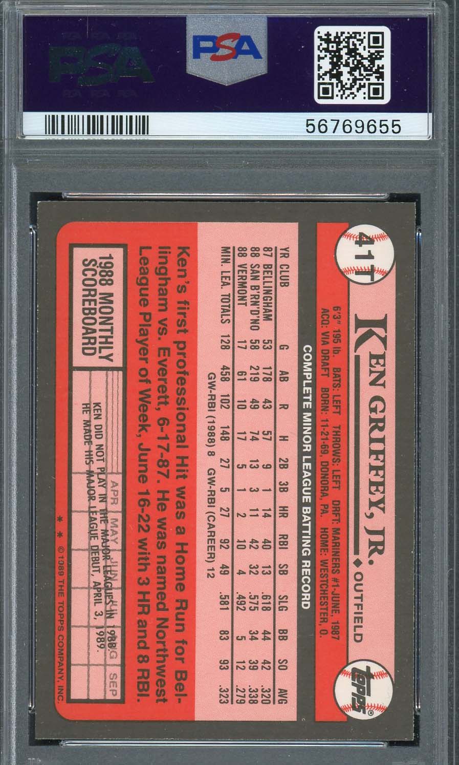 Ken Griffey Jr 1989 Topps Traded Baseball Rookie Card RC #41T Graded PSA 9-Powers Sports Memorabilia