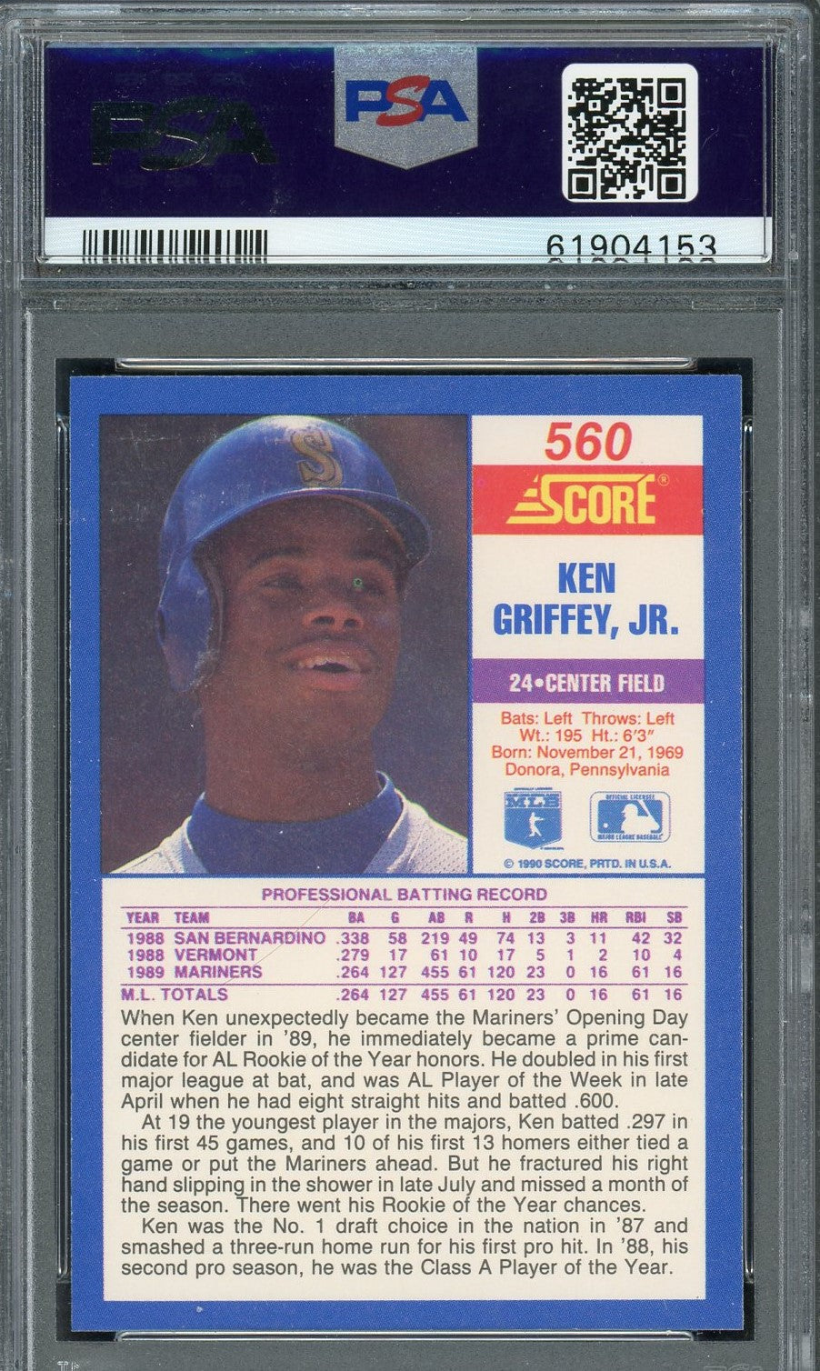 Ken Griffey Jr 1990 Score Baseball Card #560 Graded PSA 10-Powers Sports Memorabilia