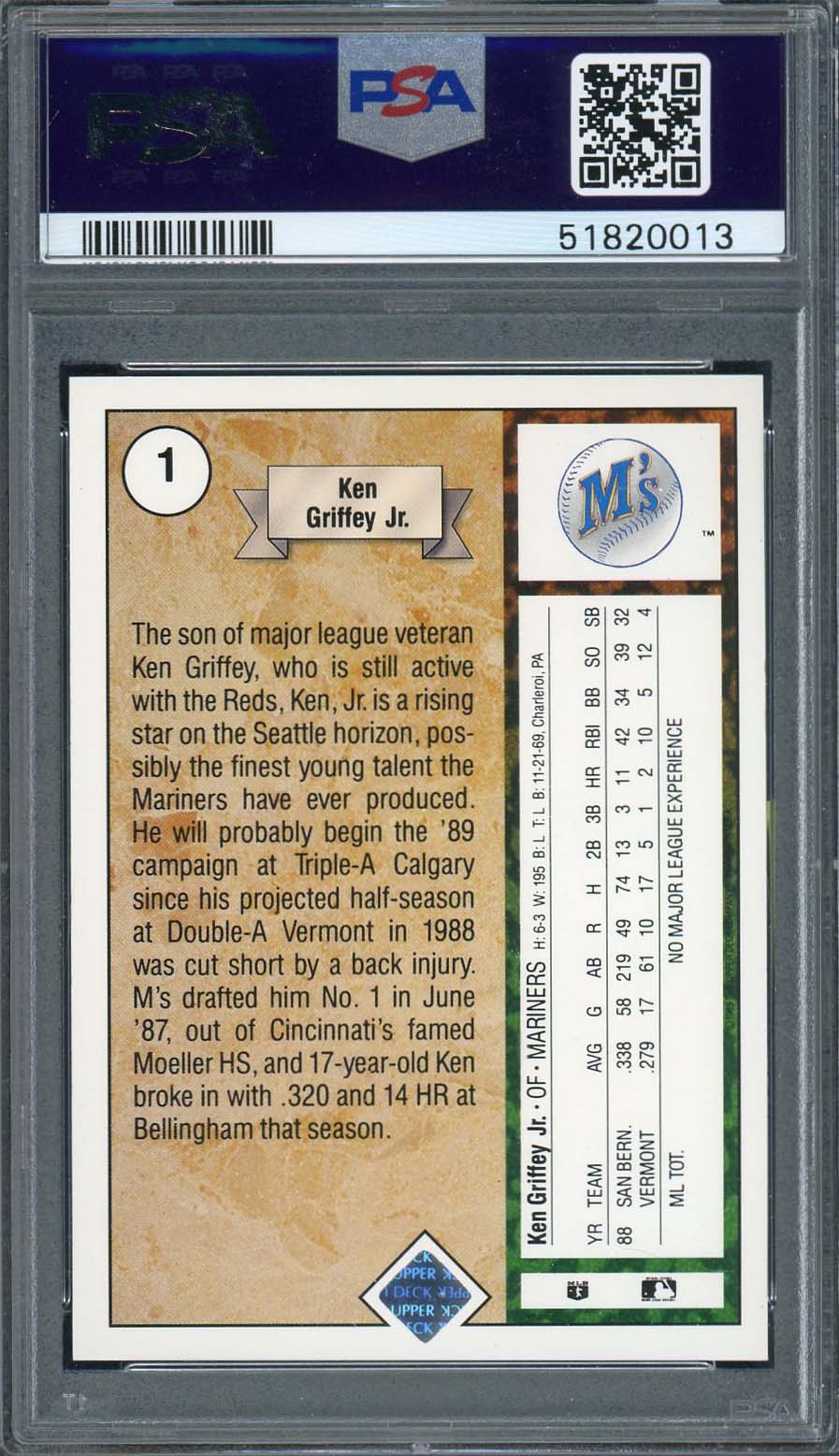 Ken Griffey Jr 1989 Upper Deck Baseball Rookie Card RC #1 Graded PSA 8-Powers Sports Memorabilia