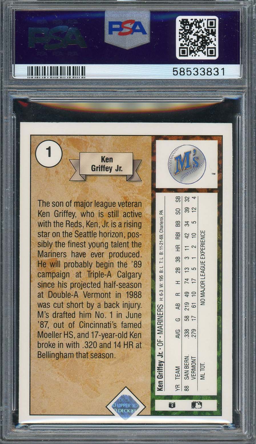 Ken Griffey Jr 1989 Upper Deck Baseball Star Rookie Card RC #1 Graded PSA 7-Powers Sports Memorabilia