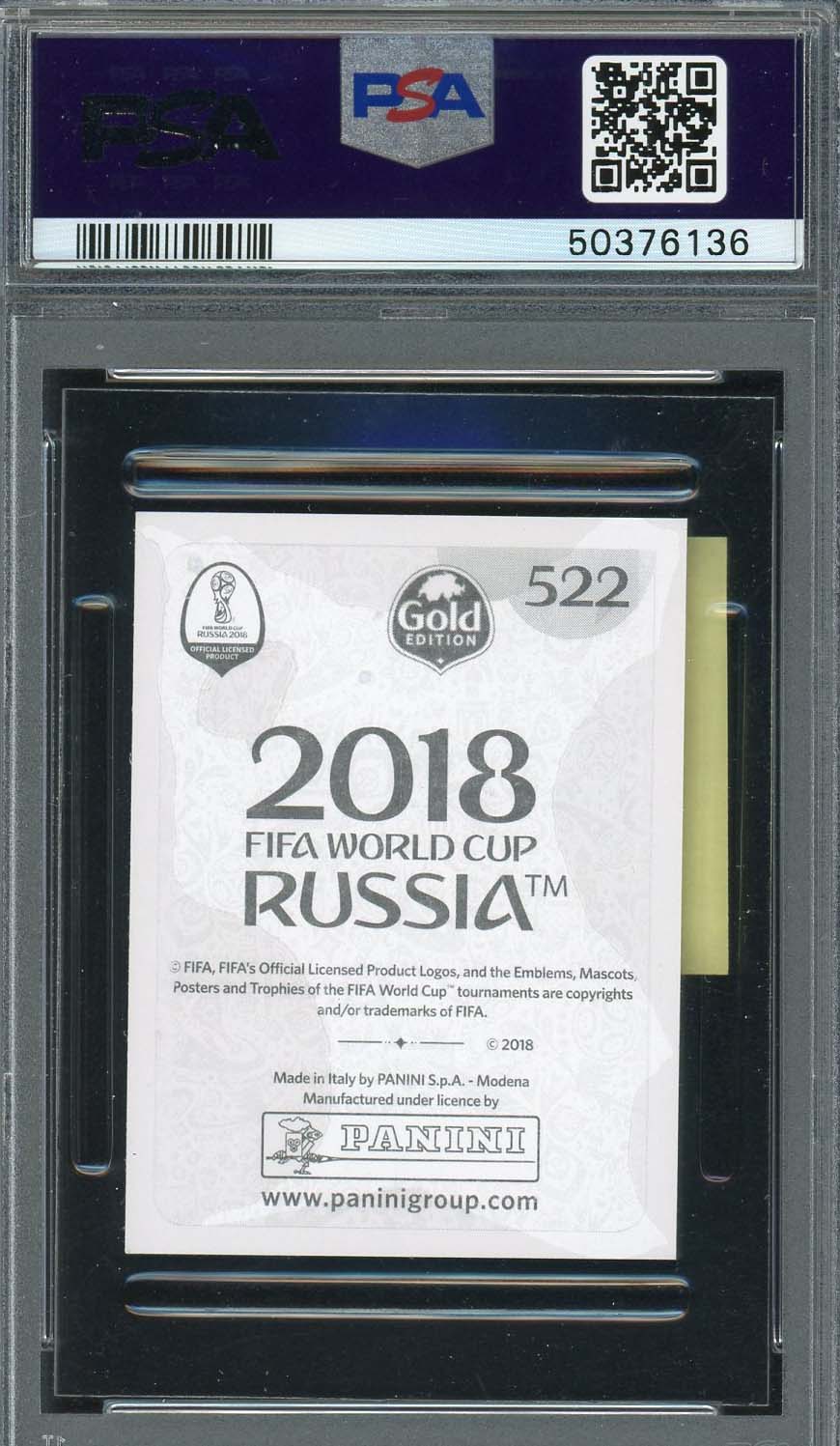 Kevin De Bruyne 2018 Panini World Cup Gold Stickers Card #522 PSA 8-Powers Sports Memorabilia