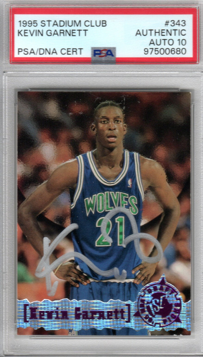 Kevin Garnett Signed Minnesota Timberwolves 1995 Topps Stadium Club Rookie Card #343 PSA AUTHENTIC AUTO 10-Powers Sports Memorabilia