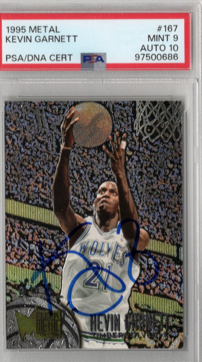 Kevin Garnett Signed 1995 Fleer Metal #167 Timberwolves Rookie Card PSA Mint 9 Auto 10-Powers Sports Memorabilia