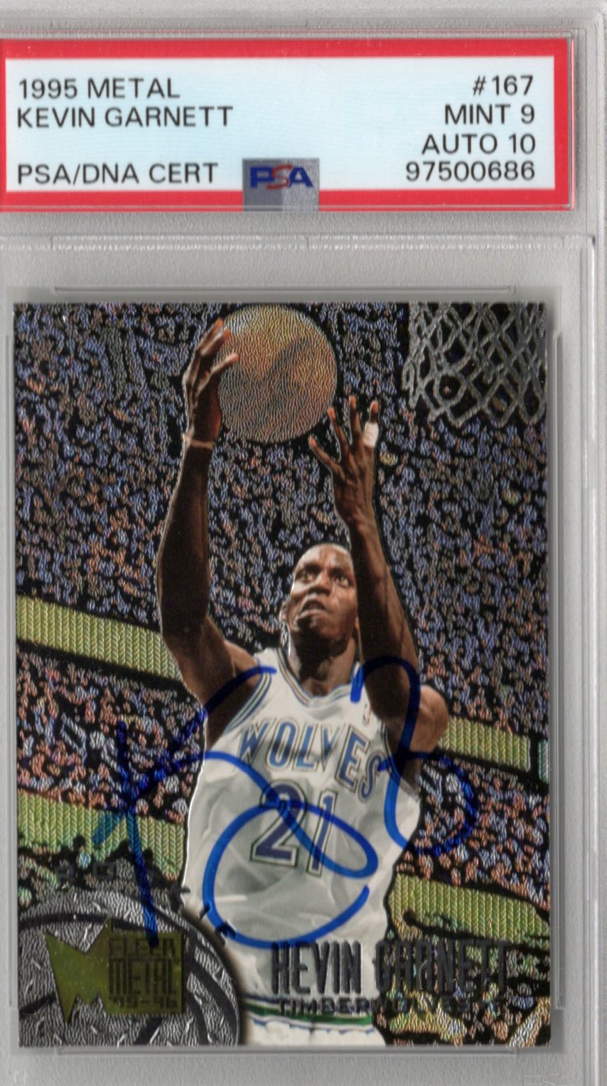 Kevin Garnett Signed 1995 Fleer Metal #167 Timberwolves Rookie Card PSA Mint 9 Auto 10-Powers Sports Memorabilia