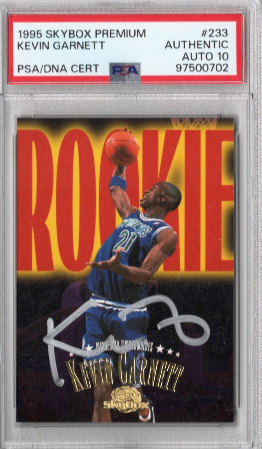 Kevin Garnett Signed Minnesota Timberwolves 1995 Skybox Premium Rookie Card #233 PSA AUTHENTIC AUTO 10-Powers Sports Memorabilia