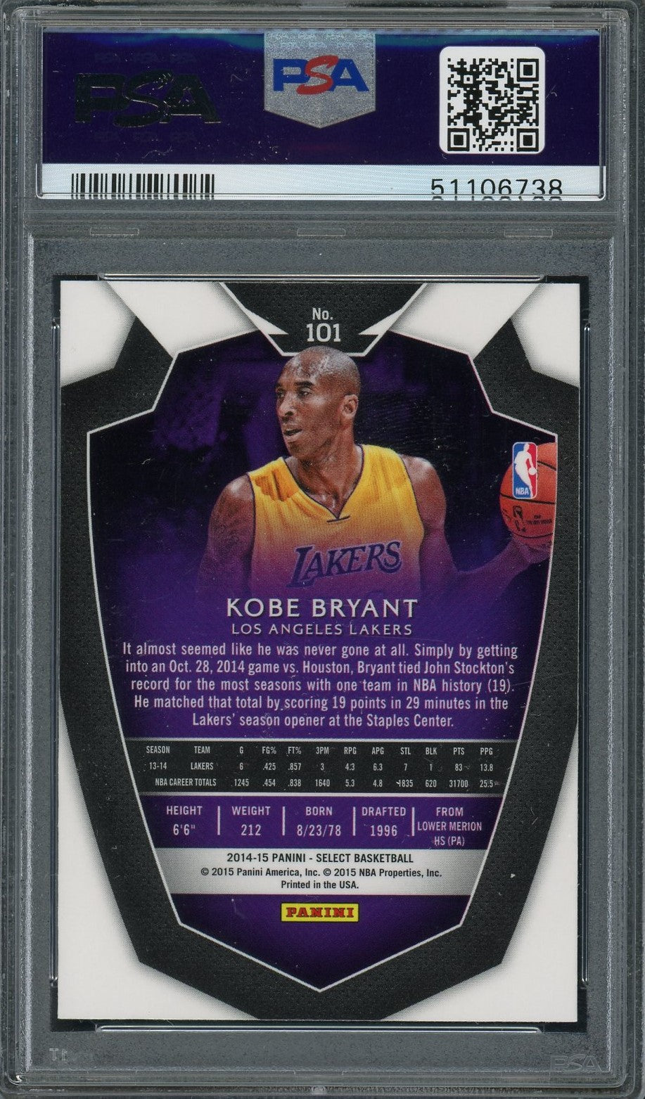 Kobe Bryant 2014 Panini Select Basketball Card #101 Graded PSA 9-Powers Sports Memorabilia