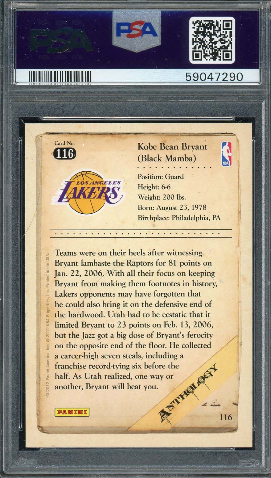 Kobe Bryant 2012 Panini Anthology Basketball Card #116 Graded PSA 9-Powers Sports Memorabilia