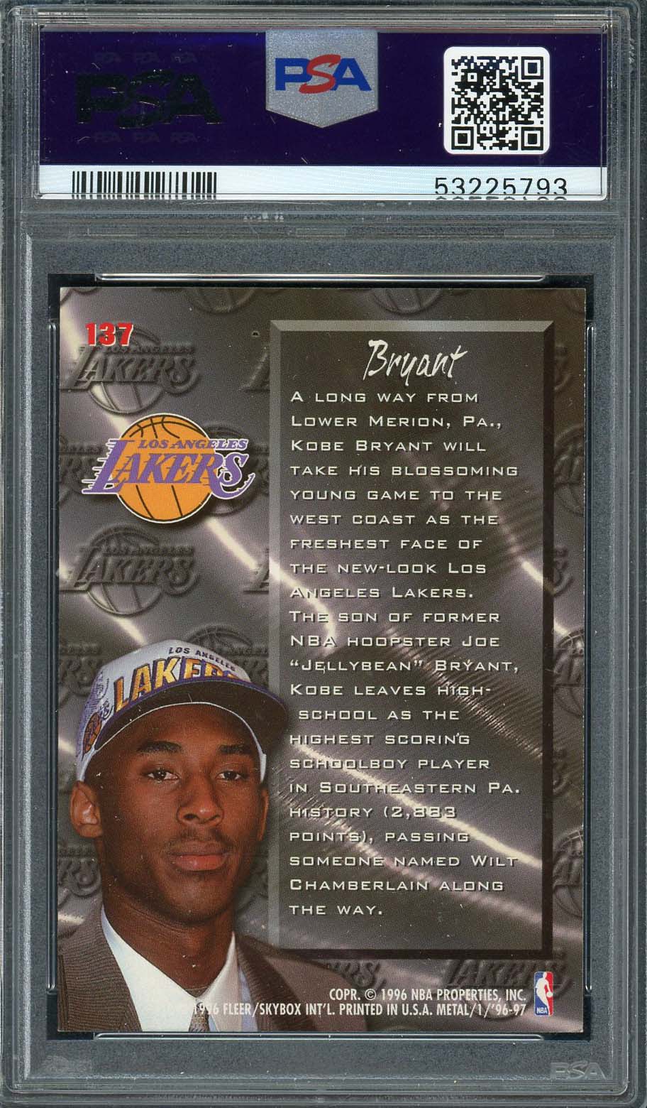 Kobe Bryant 1996 Fleer Metal Basketball Rookie Card RC #137 Graded PSA 6-Powers Sports Memorabilia