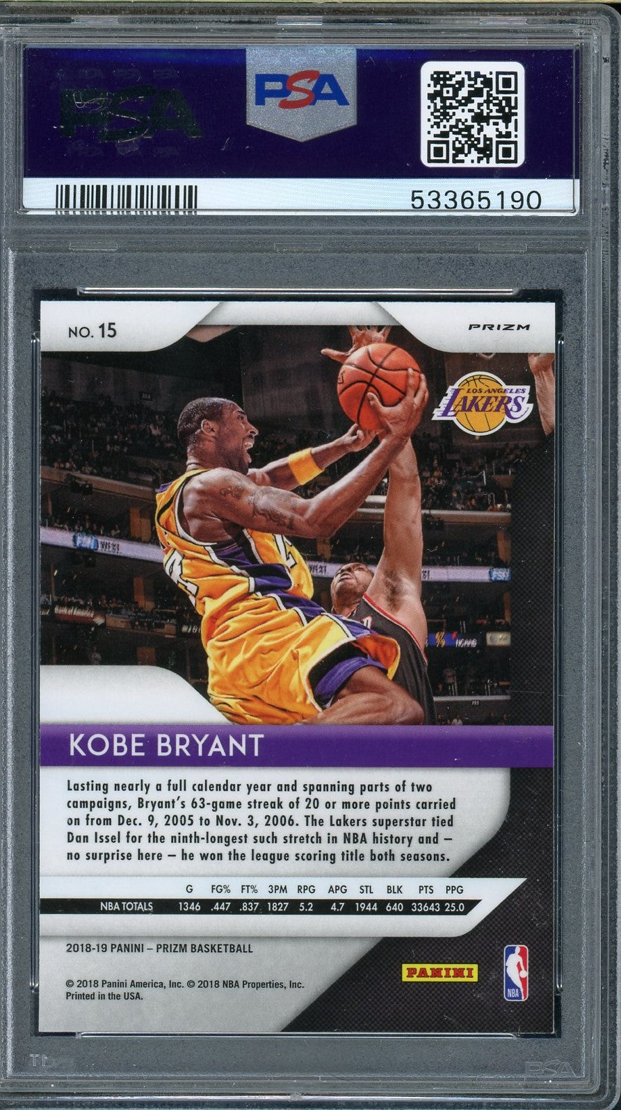 Kobe Bryant 2018 Panini Silver Prizm Basketball Card #15 Graded PSA 10-Powers Sports Memorabilia