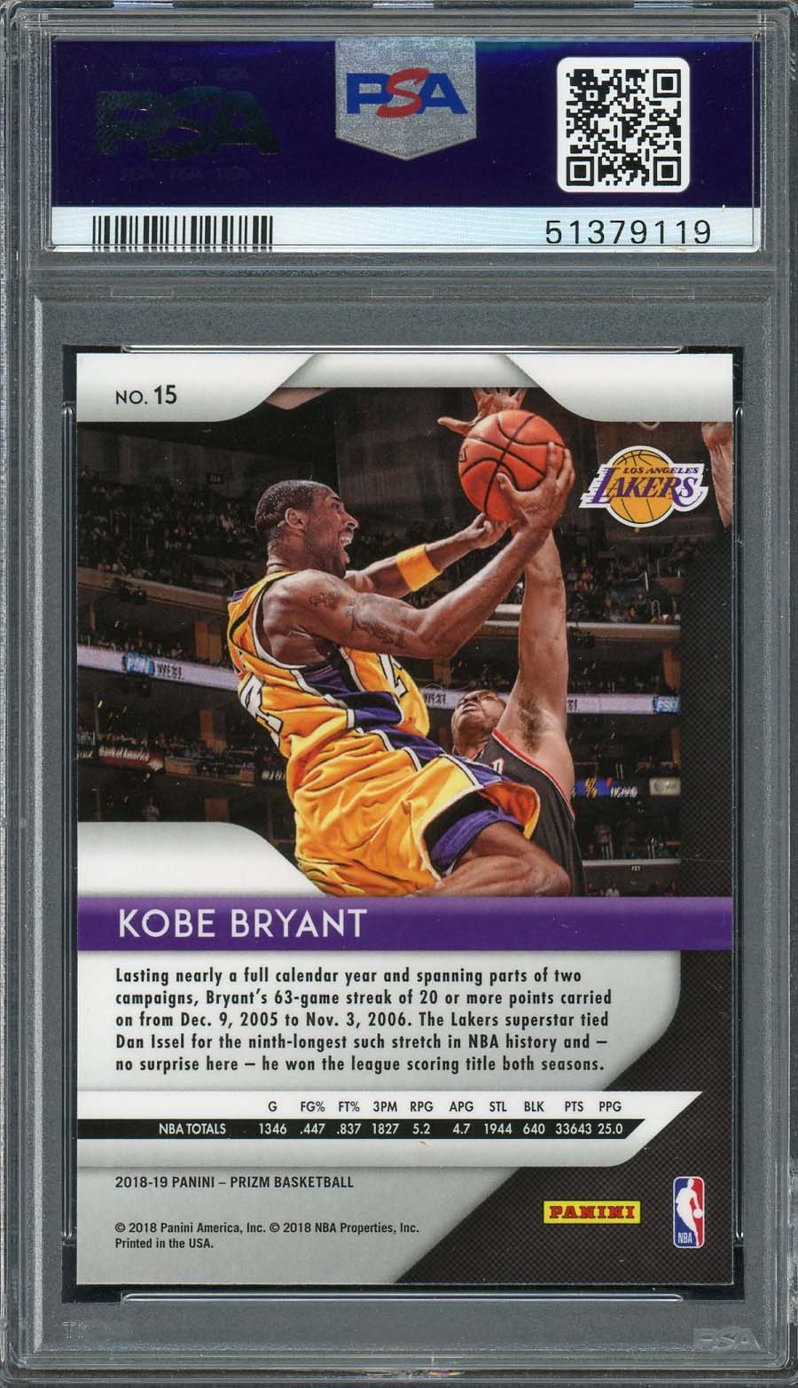 Kobe Bryant 2018 Panini Prizm Basketball Card #15 Graded PSA 10-Powers Sports Memorabilia