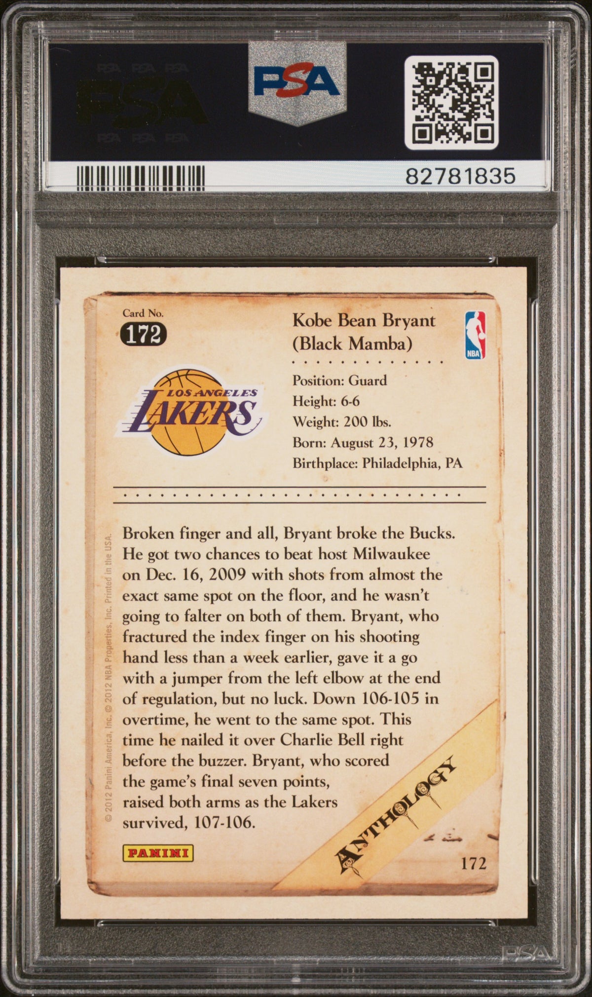 Kobe Bryant 2012 Panini Anthology Basketball Card #172 Graded PSA 10-Powers Sports Memorabilia