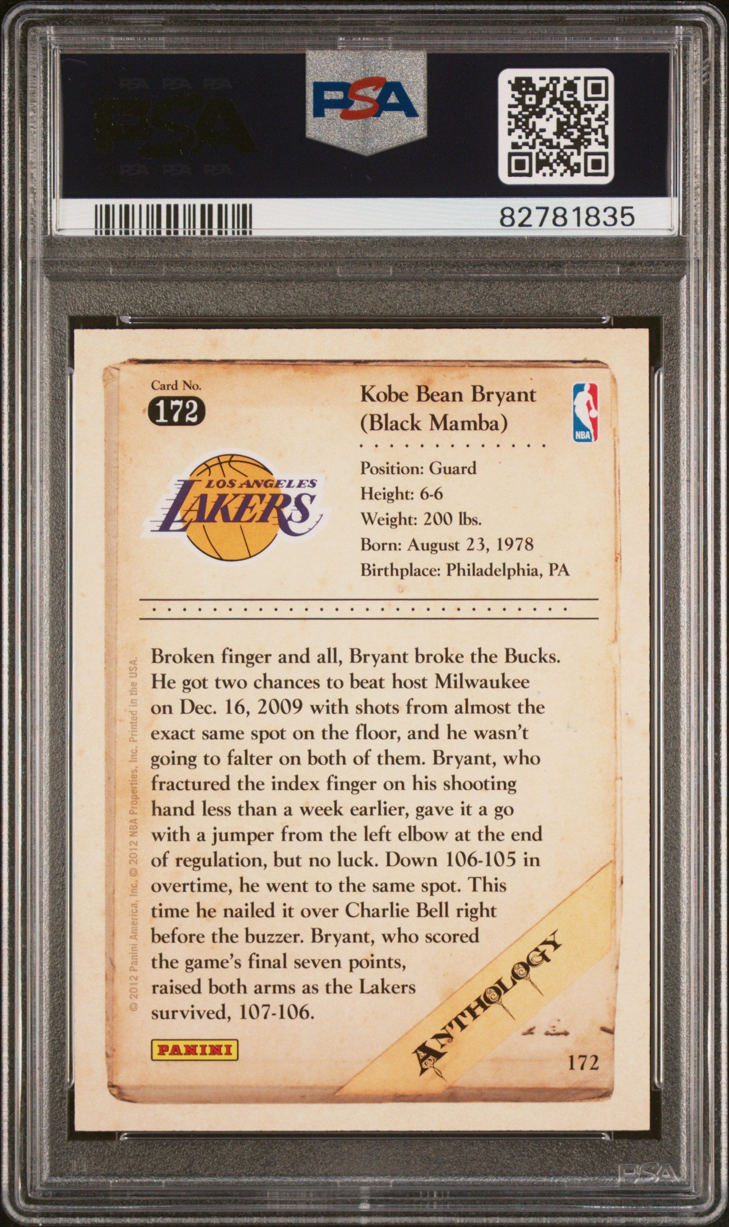 Kobe Bryant 2012 Panini Anthology Basketball Card #172 Graded PSA 10-Powers Sports Memorabilia