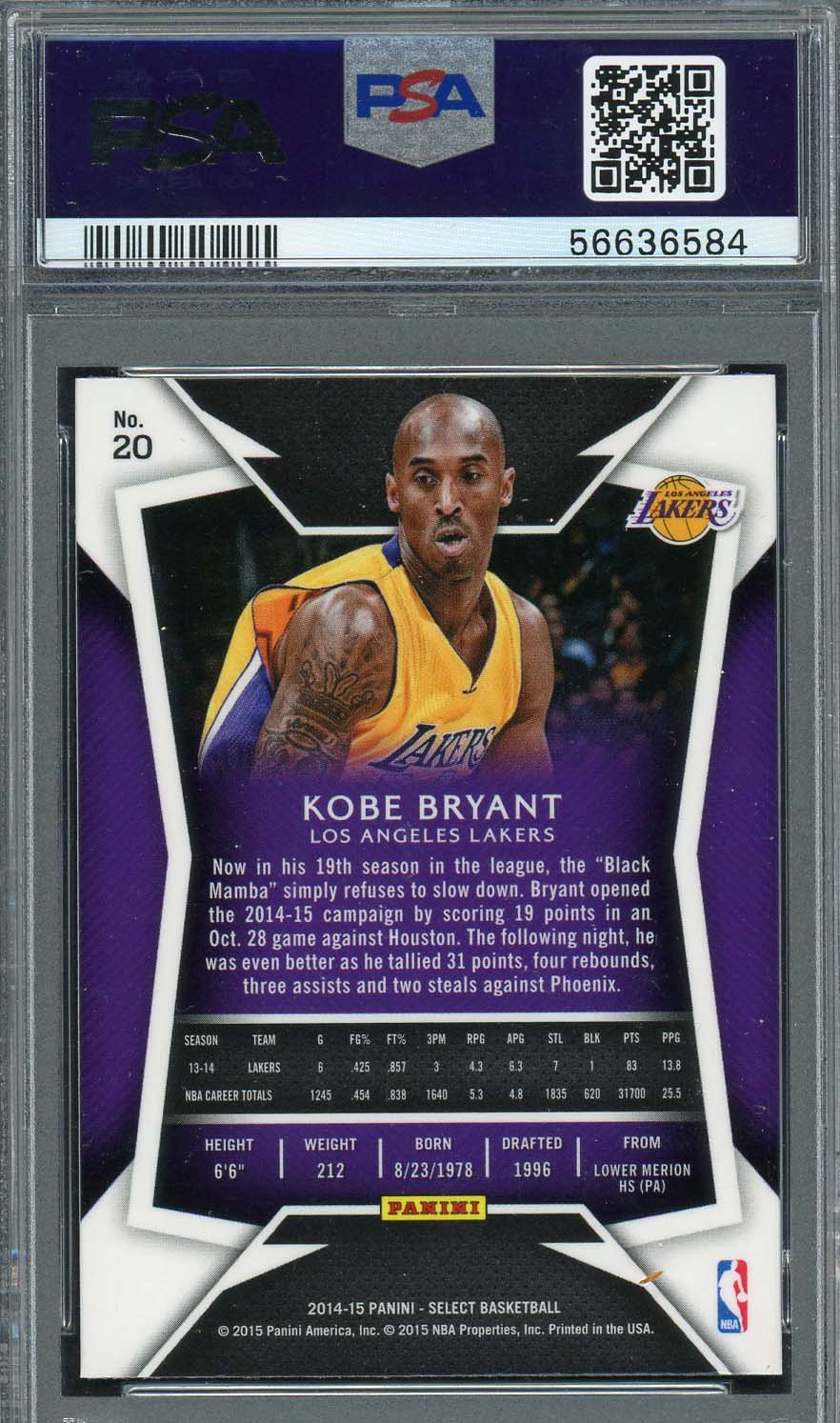 Kobe Bryant 2014 Panini Select Basketball Card #20 Graded PSA 9-Powers Sports Memorabilia