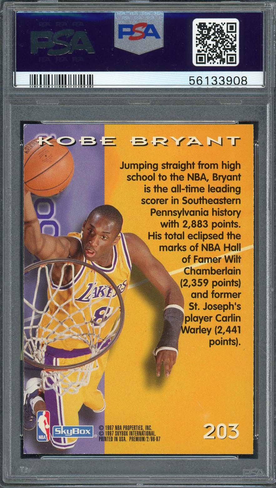 Kobe Bryant 1996 Skybox Premium Basketball Rookie Card #203 Graded PSA 8-Powers Sports Memorabilia