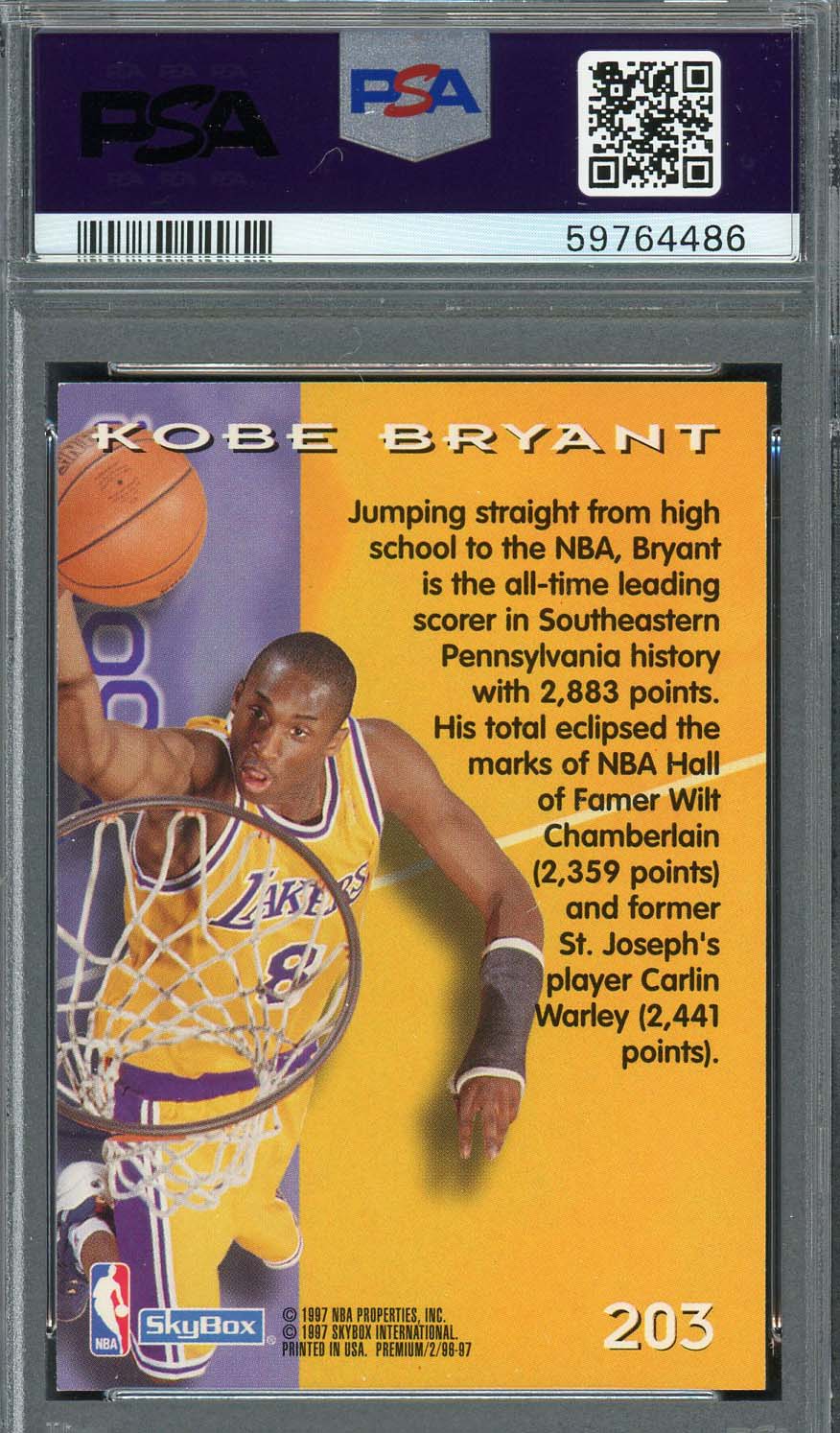 Kobe Bryant 1996 Skybox Premium Basketball Rookie Card #203 Graded PSA 9