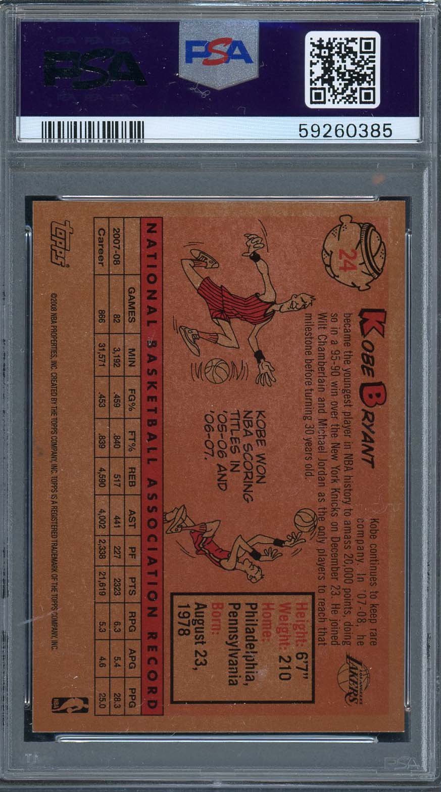 Kobe Bryant 2008 Topps 1958-59 Variation Basketball Card #24 Graded PSA 8-Powers Sports Memorabilia