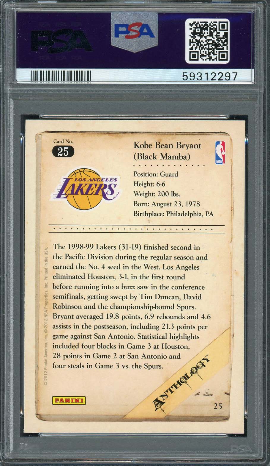 Kobe Bryant 2012 Panini Anthology Basketball Card #25 Graded PSA 9-Powers Sports Memorabilia
