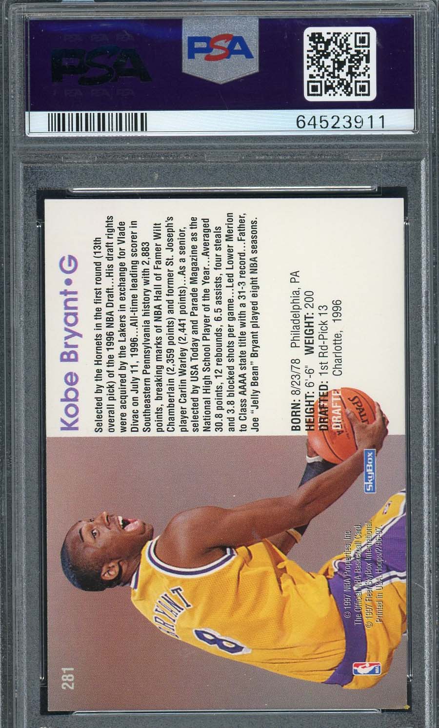 Kobe Bryant 1996 Hoops Basketball Rookie Card RC #281 Graded PSA 7-Powers Sports Memorabilia