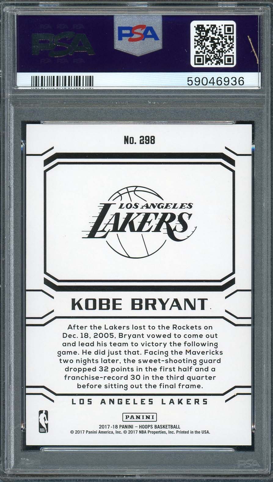 Kobe Bryant 2017 Panini Hopps Basketball Card #298 Graded PSA 9-Powers Sports Memorabilia