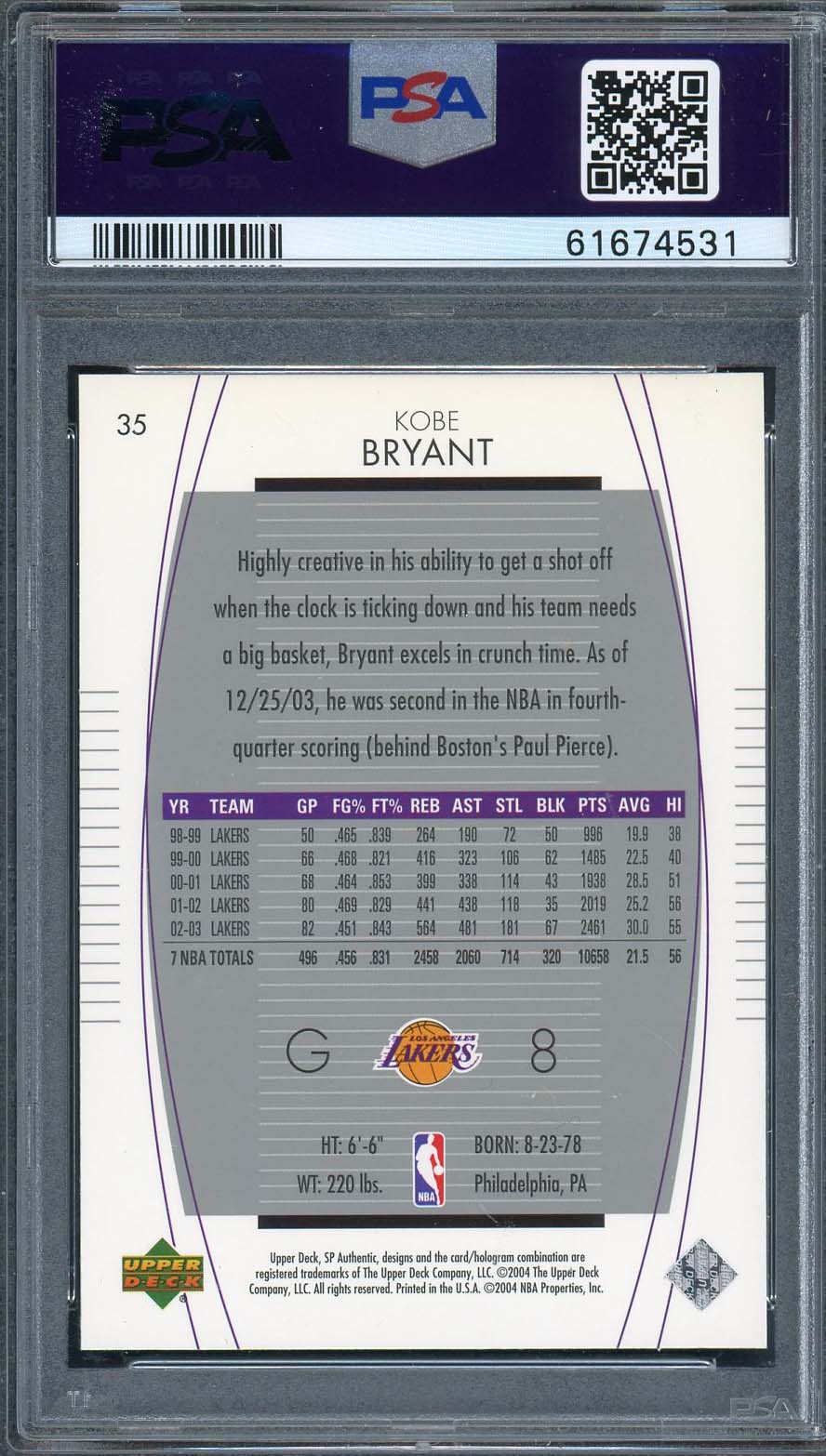 Kobe Bryant 2003 Upper Deck SP Authentic Basketball Card #35 Graded PSA 10-Powers Sports Memorabilia