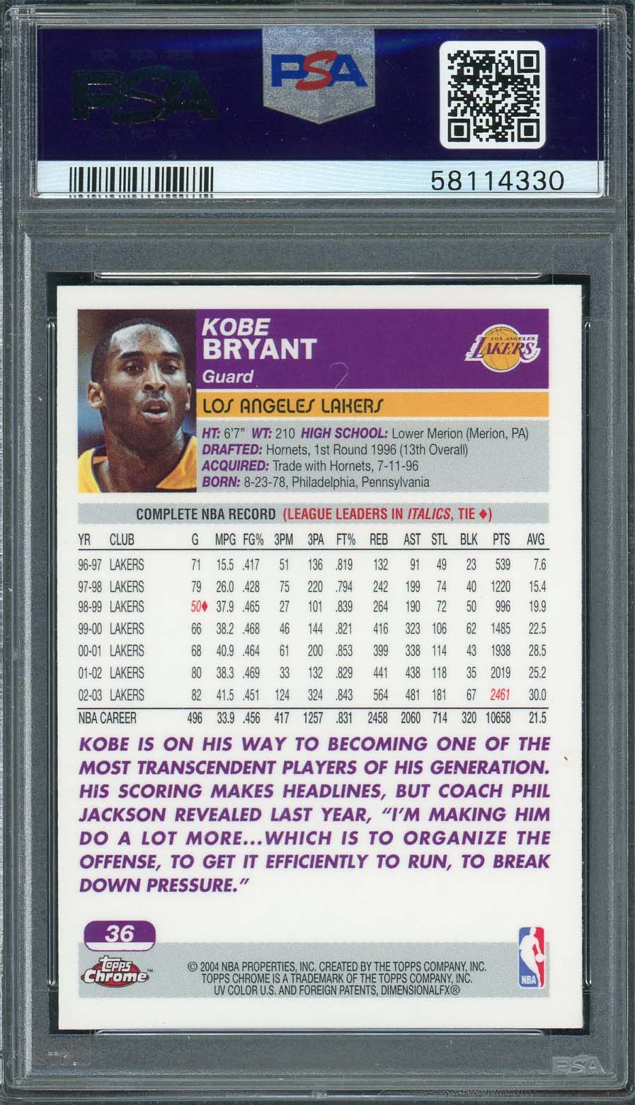 Kobe Bryant 2003 Topps Chrome Basketball Card #36 Graded PSA 9-Powers Sports Memorabilia