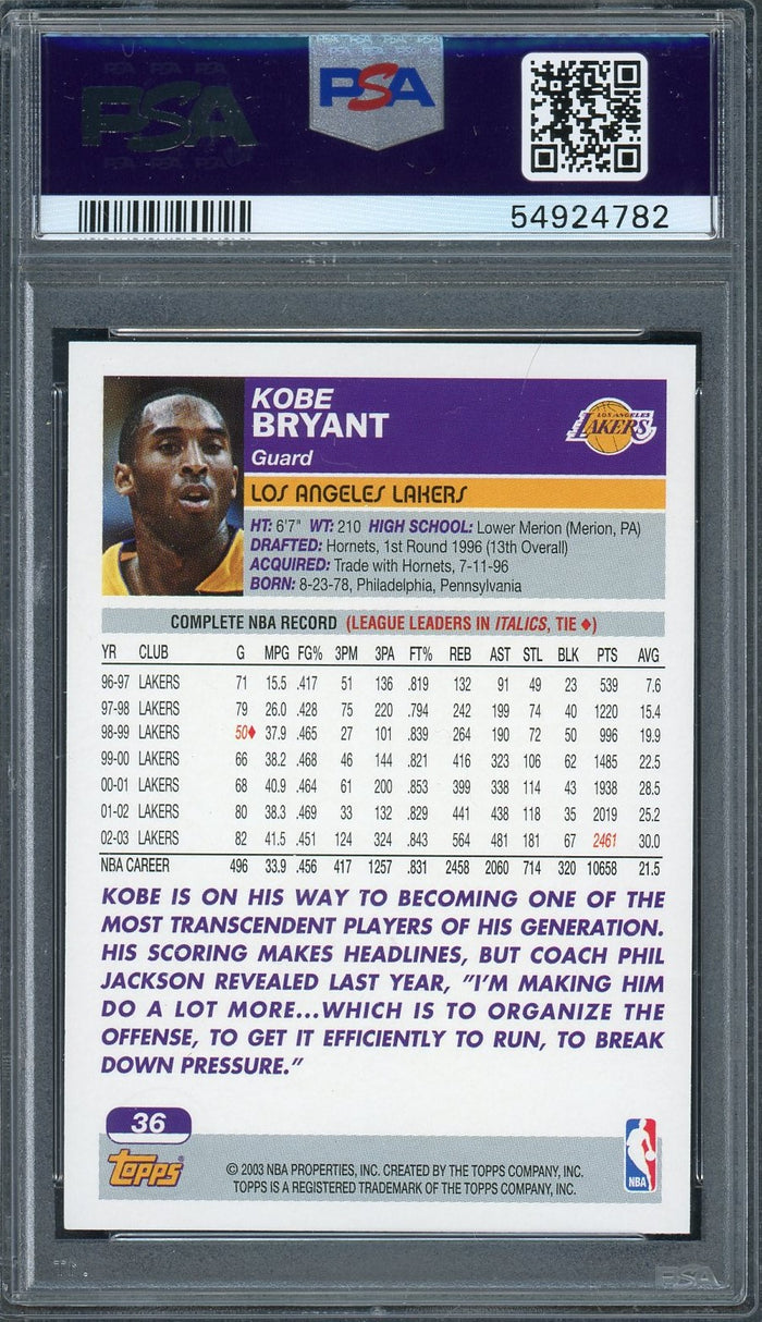 Kobe Bryant 2003 Topps Basketball Card #36 Graded PSA 9-Powers Sports Memorabilia