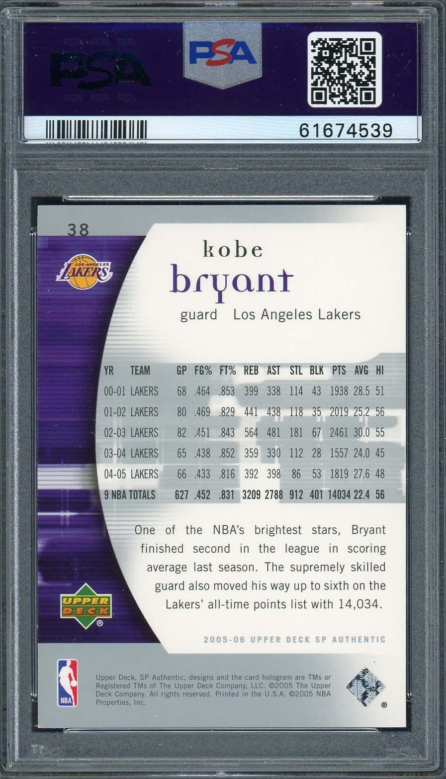 Kobe Bryant 2005 Upper Deck SP Authentic Basketball Card #38 Graded PSA 8-Powers Sports Memorabilia