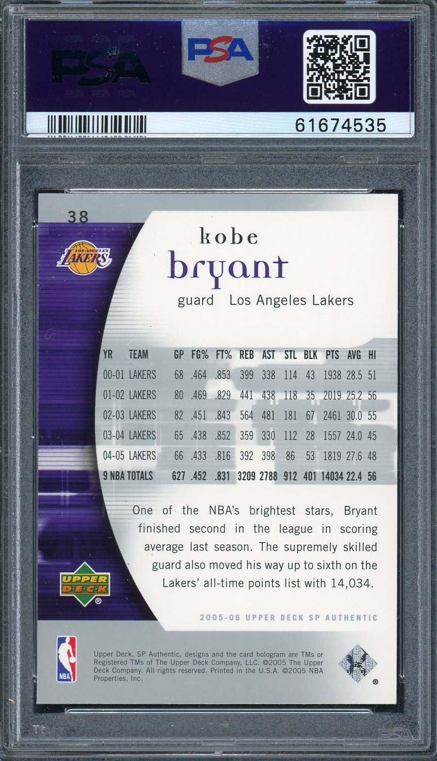Kobe Bryant 2005 Upper Deck SP Authentic Basketball Card #38 Graded PSA 9-Powers Sports Memorabilia