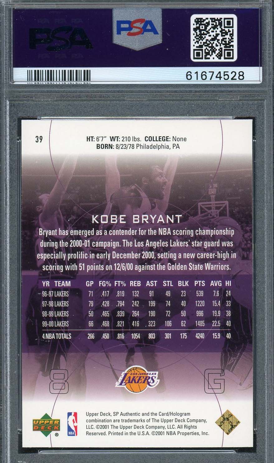 Kobe Bryant 2000 Upper Deck SP Authentic Basketball Card #39 Graded PSA 10-Powers Sports Memorabilia