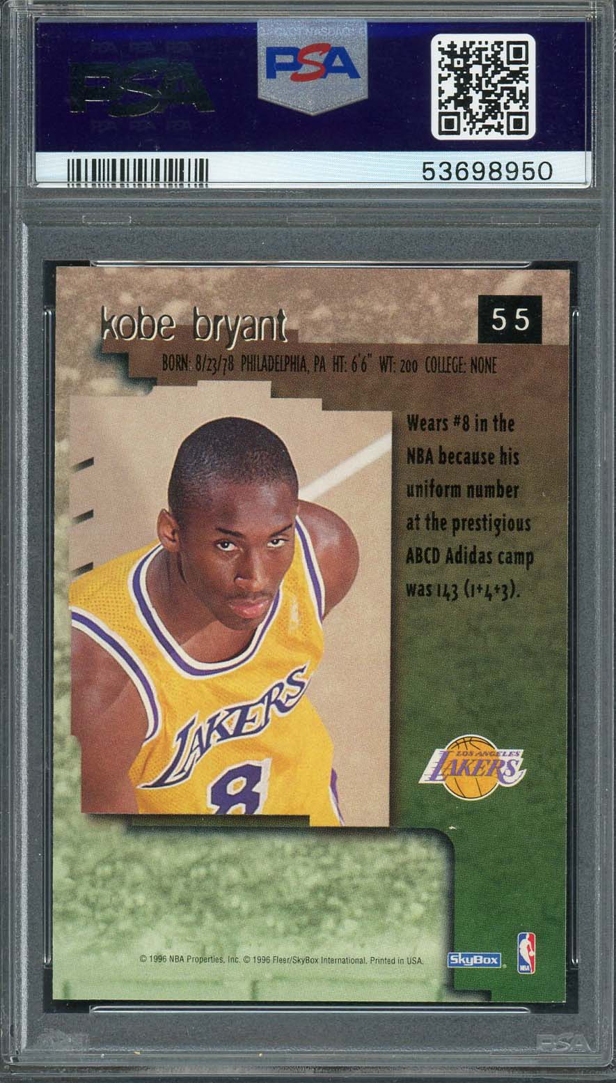 Kobe Bryant 1996 Skybox Premium Basketball Rookie Card #55 Graded PSA 9-Powers Sports Memorabilia