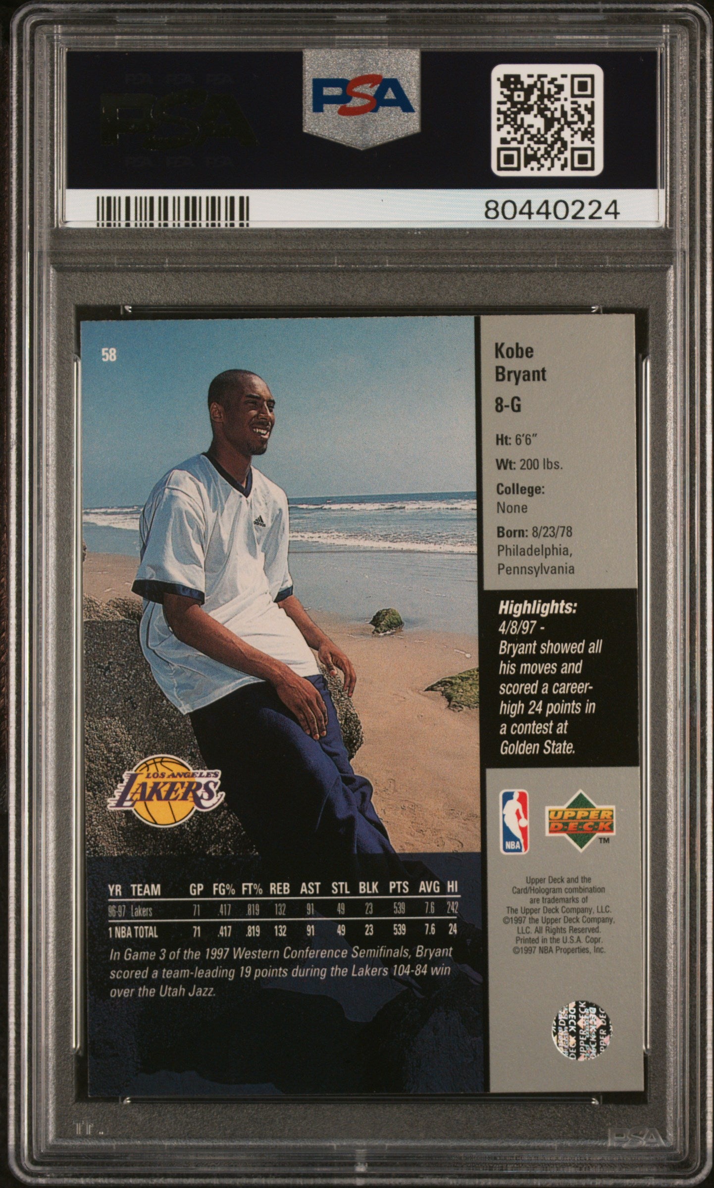 Kobe Bryant 1997 Upper Deck Basketball Card #58 Graded PSA 9-Powers Sports Memorabilia