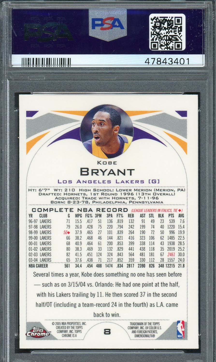 Kobe Bryant 2004 Topps Chrome Basketball Card #8 Graded PSA 9-Powers Sports Memorabilia