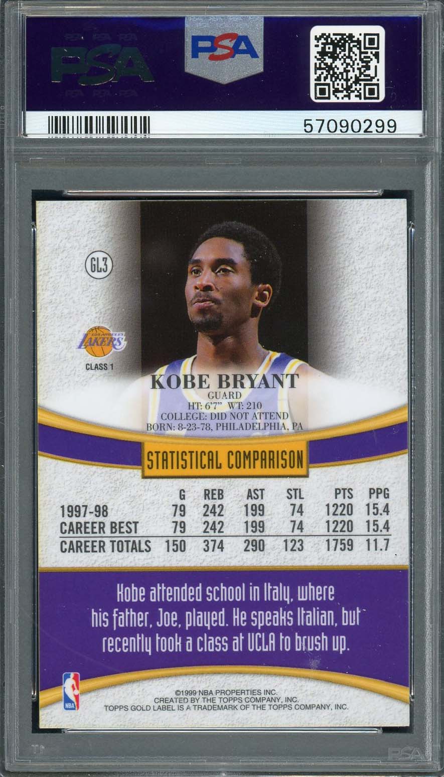 Kobe Bryant 1998 Topps Gold Label Basketball Card #GL3 Graded PSA 7-Powers Sports Memorabilia