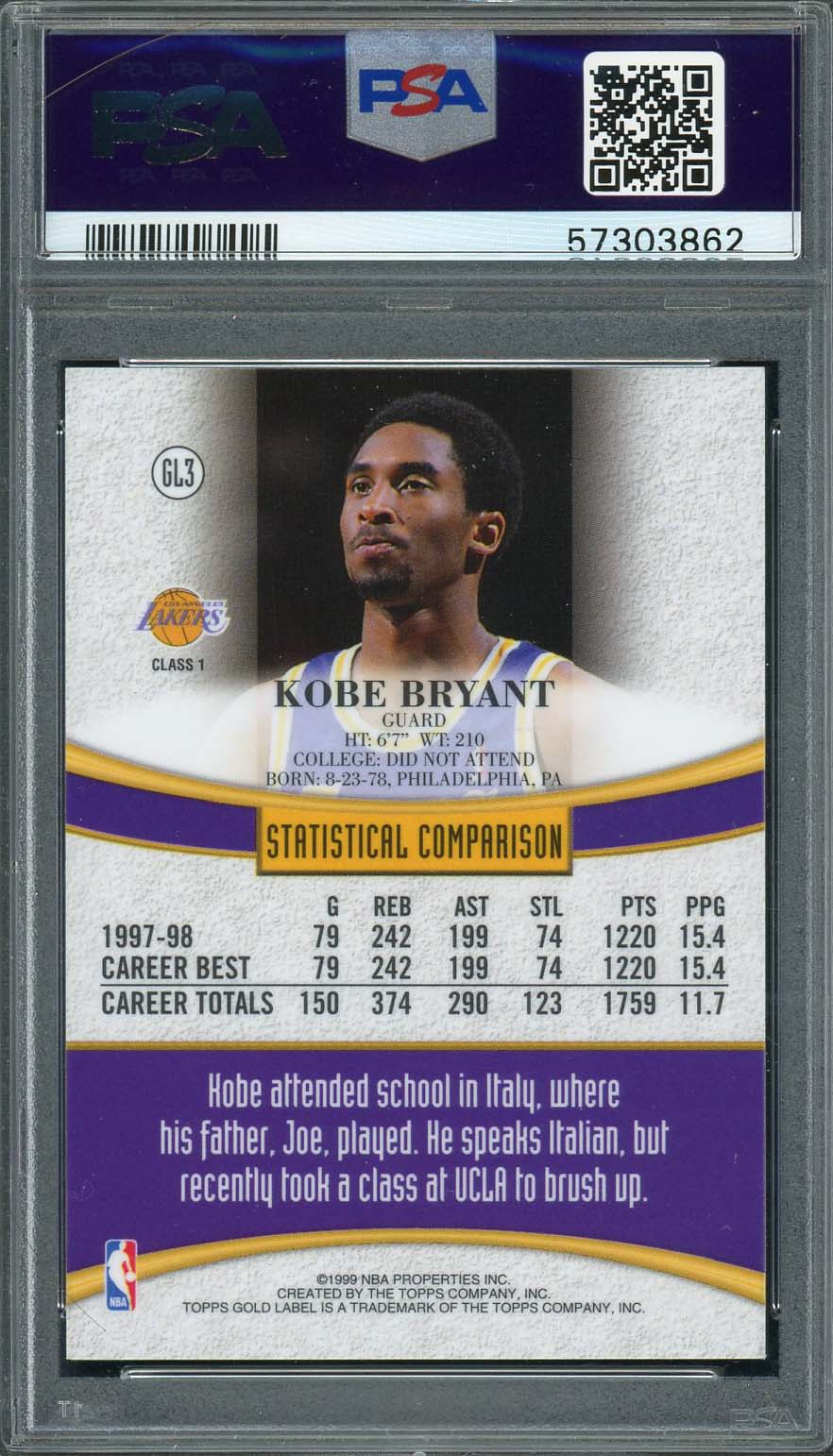 Kobe Bryant 1998 Topps Gold Label Basketball Card #GL3 Graded PSA 8-Powers Sports Memorabilia