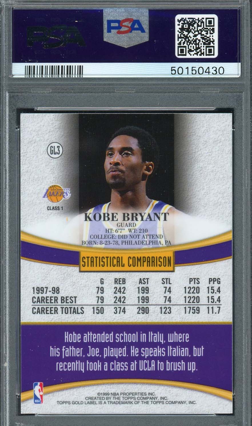 Kobe Bryant 1998 Topps Gold Label Basketball Card #GL3 Graded PSA 9-Powers Sports Memorabilia