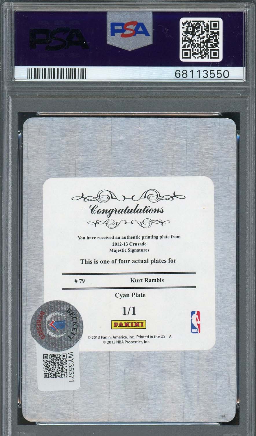 Kurt Rambis 2012 Panini Crusade Signed Printing Plate Card #79 Auto PSA 10 1/1-Powers Sports Memorabilia