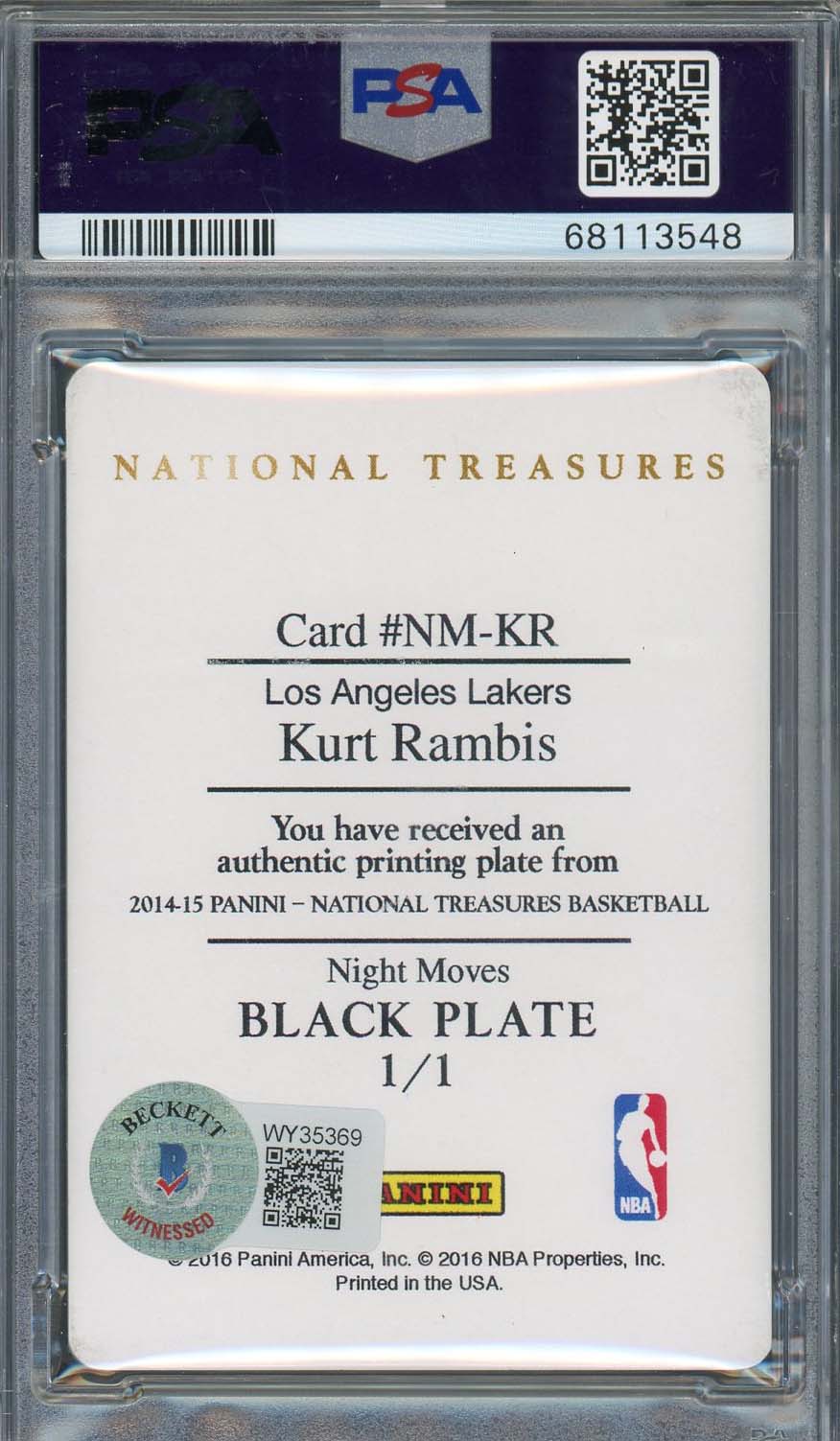 Kurt Rambis 2014 Panini National Treasures Signed Printing Card Auto PSA 10 1/1-Powers Sports Memorabilia
