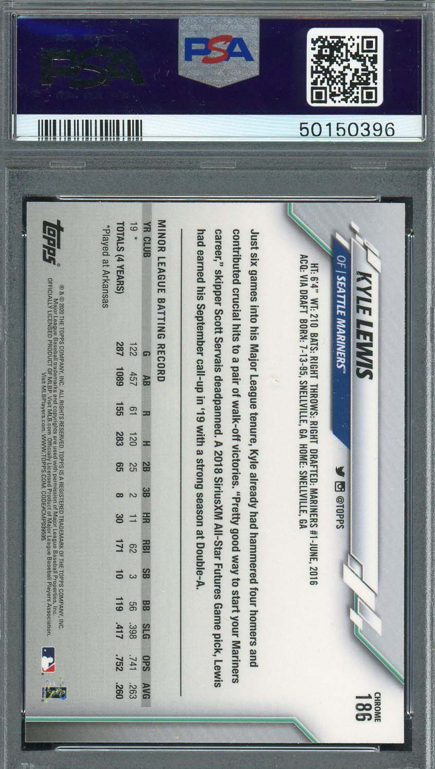 Kyle Lewis 2020 Topps Chrome Baseball Rookie Card RC #186 Graded PSA 9-Powers Sports Memorabilia