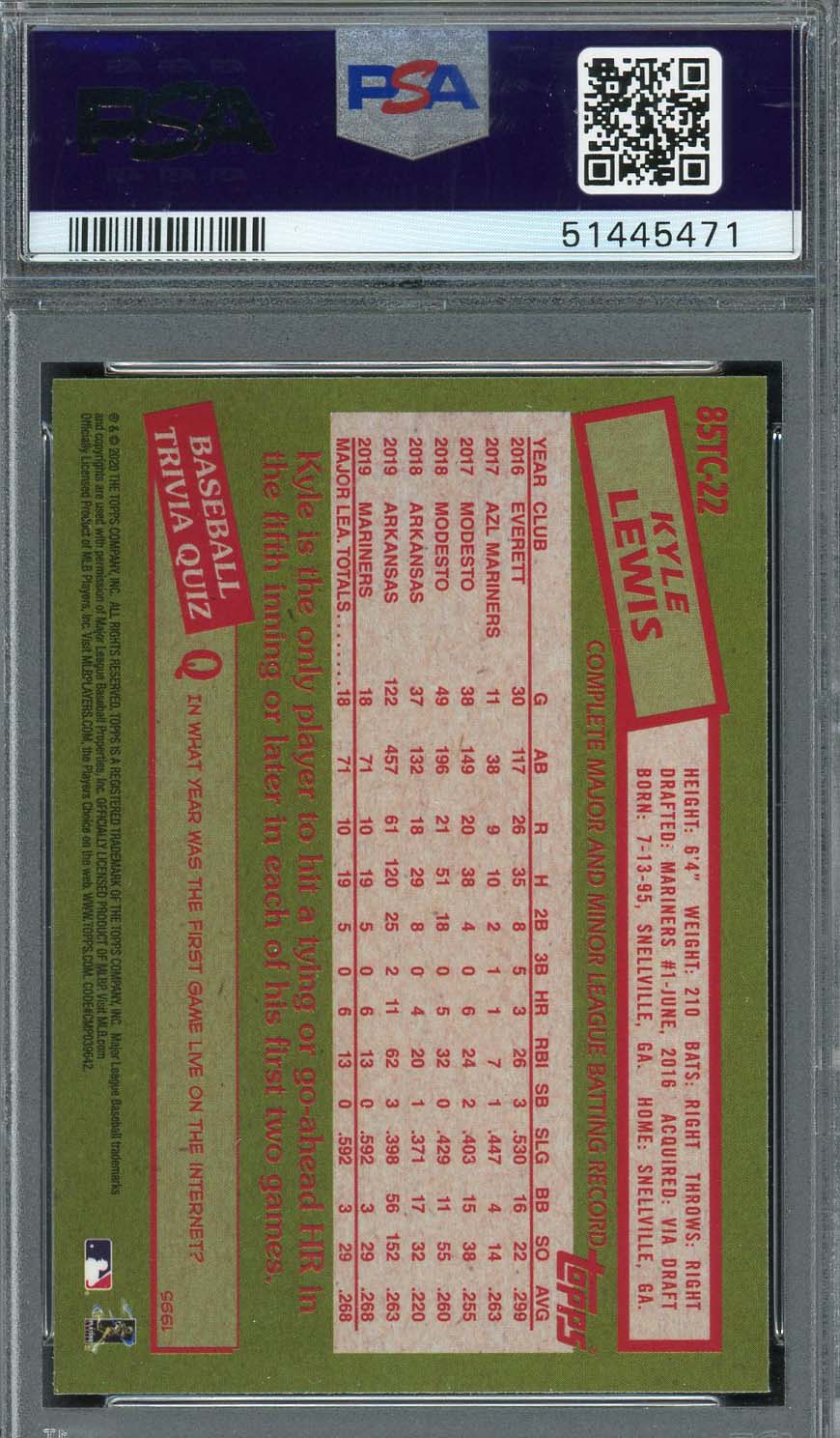 Kyle Lewis 2020 Topps Chrome 1985 Topps Baseball Rookie Card #85TC22 PSA 10-Powers Sports Memorabilia