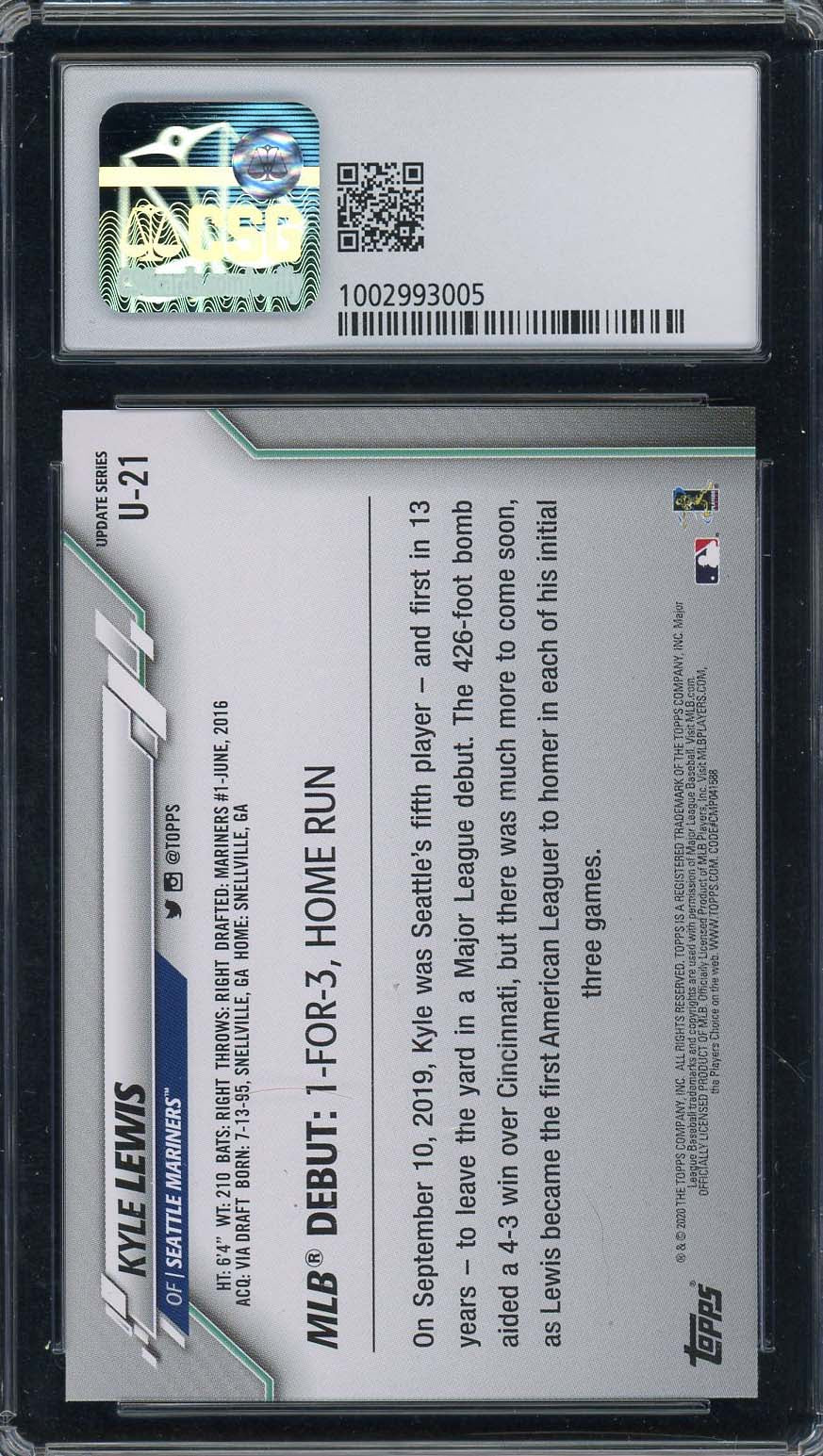 Kyle Lewis 2020 Topps Update Baseball Rookie Card #U-21 Graded CSG 9.5-Powers Sports Memorabilia