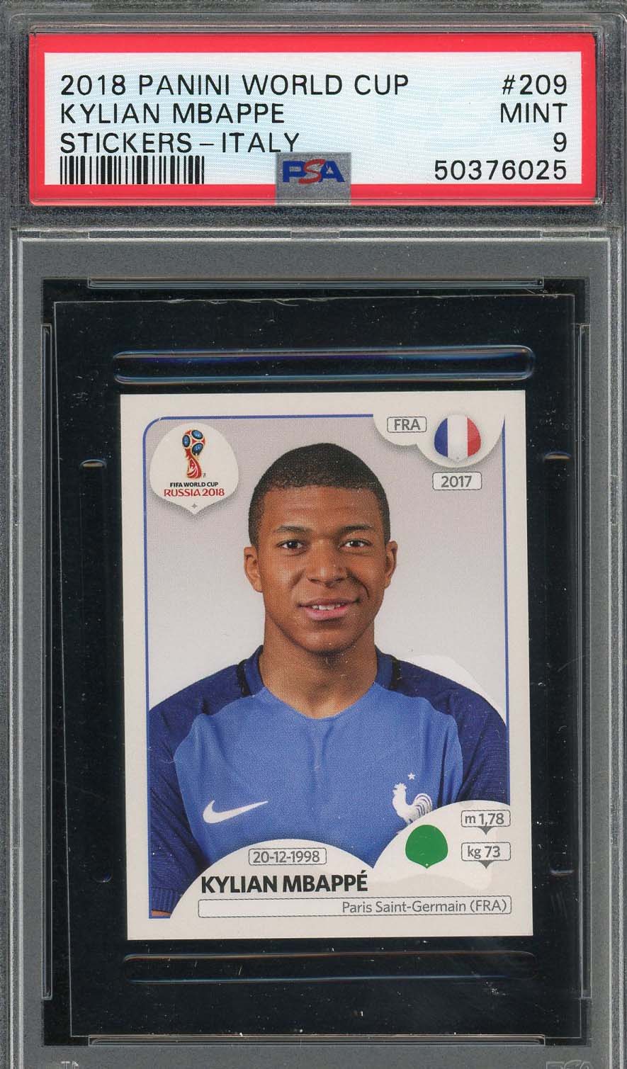 Kylian Mbappe 2018 Panini World Cup Rookie Stickers Italy Card #209 PSA 9-Powers Sports Memorabilia