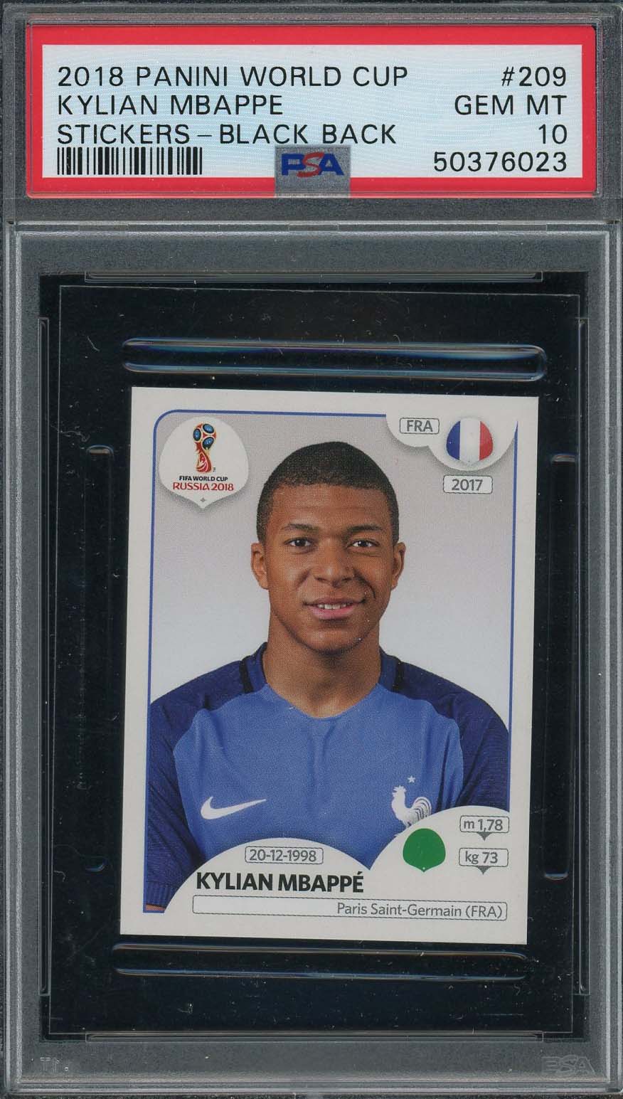 Kylian Mbappe 2018 Panini World Cup Rookie Stickers Black Back Card #209 PSA 10-Powers Sports Memorabilia
