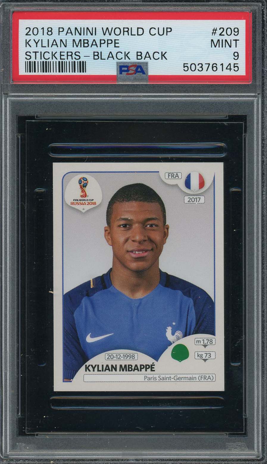 Kylian Mbappe 2018 Panini World Cup Rookie Stickers Black Back Card #209 PSA 9-Powers Sports Memorabilia