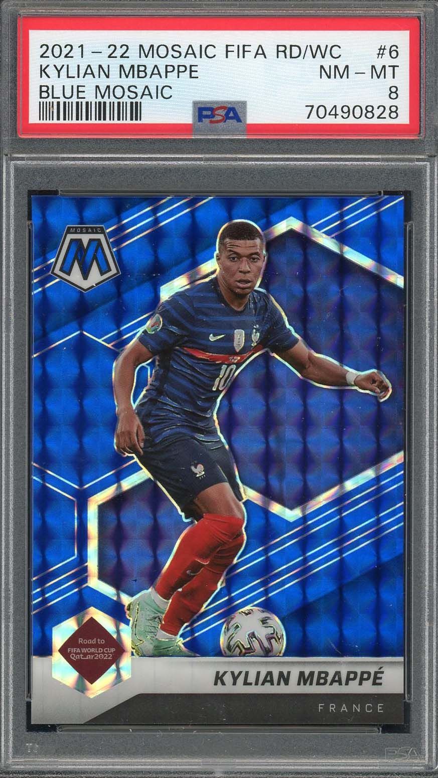 Kylian Mbappe 2021-22 Panini Blue Mosaic Qatar World Cup Card #6 PSA 8 59/99-Powers Sports Memorabilia