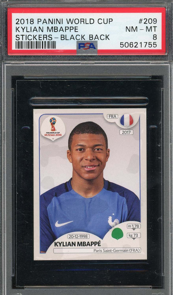 Kylian Mbappe 2018 Panini World Cup Rookie Stickers Black Back Card #209 PSA 8-Powers Sports Memorabilia