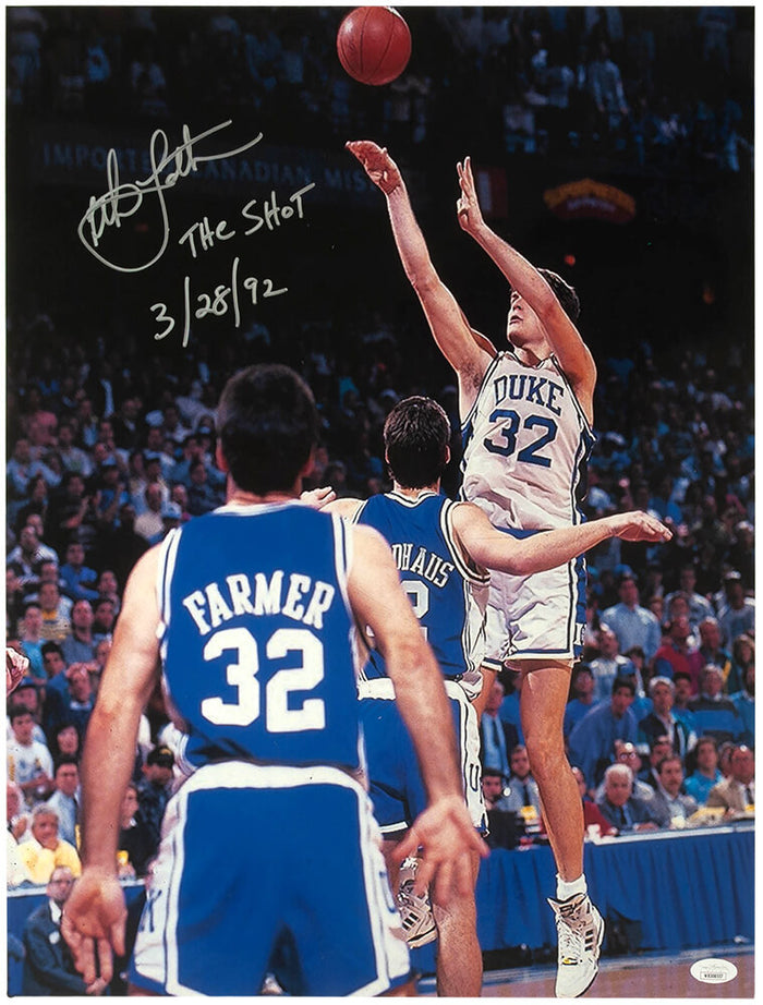 Christian Laettner Autographed Duke Shot Vertical Close Up 16x20 with The Shot 3-28-92 - (JSA)-Powers Sports Memorabilia